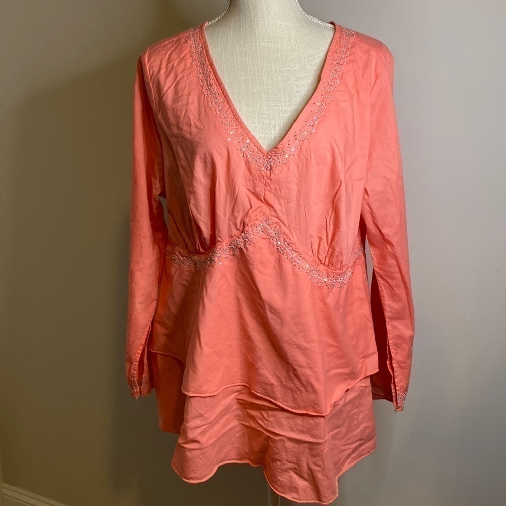 Lane Bryant blouse size 14/16 cotton beaded sequin tunic blouse layered hem